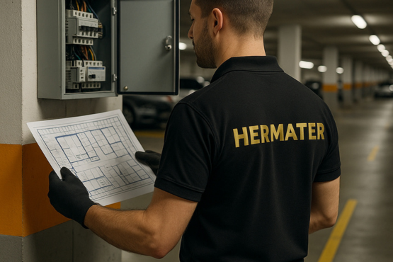 Trabajador de Hermater revisando un plano eléctrico